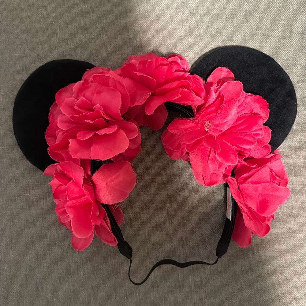 Tokyo Disney soft headband ears with large pink flowers